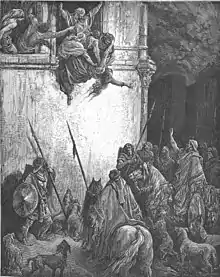 Engraving of Jezebel being thrown out of a window to waiting mounted troops and dogs