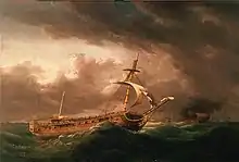 "The Ramillies Water Logg'd with her Admiral & Crew quitting the Wreck",