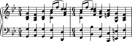 { #(set-global-staff-size 18)
\new PianoStaff <<
\new Staff <<
\new voice \relative c'' {
\set Score.tempoHideNote = ##t \tempo 4 = 112
\clef treble \key bes \major
\time 5/4
<bes, d g>4 <a c f> <bes d bes'> \stemDown <c a'> \stemNeutral <f a d>
\time 6/4
\stemDown <c a'> \stemNeutral <f bes d> <d g bes> <e g c> <g, c g'> <a c f>
}
\new Voice \relative c'' {
\time 5/4
s2. \stemUp c8^( f d4)
\time 6/4
\stemUp c8^( f d4) s1
}
>>
\new Staff <<
\clef bass \key bes \major
\relative c {
\time 5/4
<g g'>4 <a f'> <g g'> <f f'> <d d'>
\time 6/4
<f f'> <bes bes'> <g g'> <c, c'> <e e'> <f f'>
}
>>
>> }