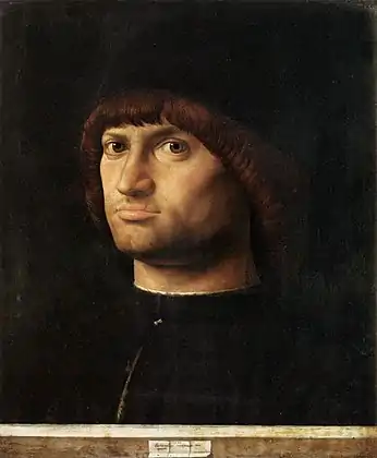 Il Condottiere, c. 1475, Antonello. Louvre, Paris. Antonello's method of lighting the face may have inspired Leonardo.