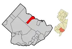 Location of Egg Harbor City in Atlantic County highlighted in red (left). Inset map: Location of Atlantic County in New Jersey highlighted in orange (right).
