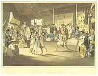 Men and women wearing Nghệ hats at a nhà trò (performing arts centre) in Quảng Nam, 1793