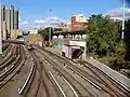 Concourse Yard revealing a tunnel where D and B trains enter the yard.  Tracey Towers is in the background.