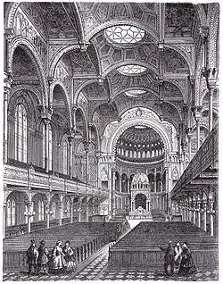 Image 11New Synagogue, BerlinImage credit: Wilhelm Ernst & SohnAn 1896 engraving of the interior of the New Synagogue, Berlin. The synagogue was noted for its Moorish style and resemblance to the Alhambra. During the Kristallnacht pogrom of 1938, the Synagogue was set ablaze. Today the synagogue serves as an exhibit for various aspects of the Holocaust, particularly Kristallnacht.