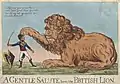 Caricature of a "Gentle Salute" from the British Lion, knocking Napoleon's hat off (circa 1803).
