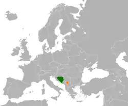 Map indicating locations of Bosnia and Herzegovina and Kosovo