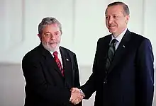 Brazilian President Luiz Inácio Lula da Silva and the Turkish Prime Minister Recep Tayyip Erdoğan