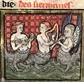 Italy.Mermaids, one with a 5-point holly-shaped citola, from Brunetto Latini's "Li livres dou tresor", c. 1300.
