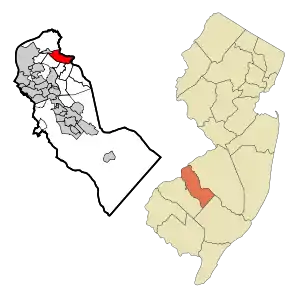 Location of Cherry Hill in Camden County highlighted in red (right). Inset map: Location of Camden County in New Jersey highlighted in orange (left).