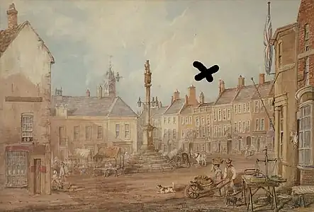 Margery Jackson's house with roof gallery, below the cross and behind the white horse, in Carlisle Market Place, 1835