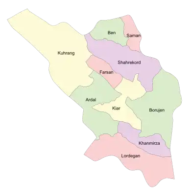 Location of Ben County in Chaharmahal and Bakhtiari province (top, green)
