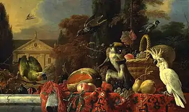 Cockatoo and Monkey by a Wicker Basket of Fruit (no date), oil on canvas. 76.5 x 127.6&nbsp;cm., private collection