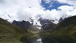 The northeastern side of the Huayhuash range as seen from Lake Carhuacocha