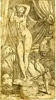 Pygmalion and Galatea: a sculptor, naked, busy working on a statue of a naked woman. c.1540/45. Etching, after Primaticcio. Height: 235 millimetres (trimmed)