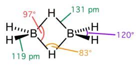 Diborane. The two central hydrogen atoms are simultaneously bonded to both boron atoms in 3c-2e bonds.