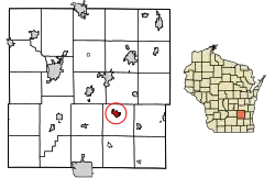 Location of Hustisford in Dodge County, Wisconsin.