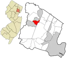Location of Essex Fells in Essex County highlighted in red (right). Inset map: Location of Essex County in New Jersey highlighted in orange (left).