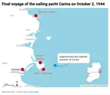 Map showing ports of Skerries, Clontarf, Howth, and a position three miles off Howth Head.