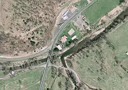 Aerial view of Forks of Waters. The South Branch Potomac River flows diagonally across the image.