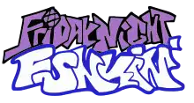 Graffiti-style text logo. The medium-light blue-magenta words "Friday Night" are outlined in off-black and situated directly above the very light gray word "Funkin'", outlined in a bluer shade of blue-magenta. The letter i in the word "Friday" resembles a microphone.