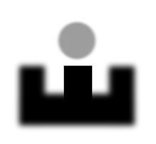 A 6 o'clock open pistol sight picture with focus on the front sight element; the out-of-focus gray dot represents the target.