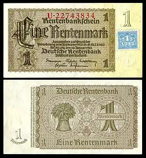 Image 14German RentenmarkBanknote: Weimar Republic, National Numismatic Collection, National Museum of American HistoryThe Rentenmark was a currency introduced on 15 November 1923 in Weimar Germany after the value of the previous currency had been destroyed by hyperinflation.The banknote shown at left was printed in 1937 or later.  It bears an adhesive coupon attached by the East German government in 1948, extending its validity while new East German mark banknotes were being printed.