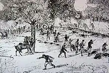 Pen and ink sketch of a sparse line of soldiers firing rifles at a larger force of soldiers charging at them. One of the oncoming soldiers carries the Confederate battle flag