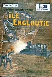 Underwater explorers and living fossils on the cover of Maurice Champagne&nbsp;[fr]'s L'Île engloutie (1929).