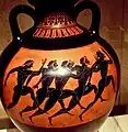 Panathenaic amphora showing runners, awarded to a victor in one of the Panathenaic Games, c.&nbsp;530 BC. It would have been filled with oil from the sacred olive groves in Attica.Metropolitan Museum of Art