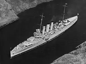 Image 54An aerial view of the second HMAS Australia  – a heavy cruiser –  passing through the Panama Canal in March 1935. Australia saw extensive combat in World War II. (from History of the Royal Australian Navy)