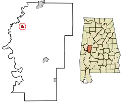 Location of Akron in Hale County, Alabama.