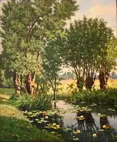 Henri Biva, River Scene in Spring, France (View of Willow Trees on the Bank of a River with Waterlilies), oil on canvas, approx 60 x 49&nbsp;cm