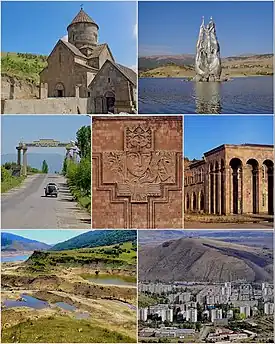 From top left:Makravank Monastery • Tsovinar monument on Aghbyurak Reservoir • Entrance monument Palace of Culture • Music school Marmarik Reservoir • Hrazdan skyline