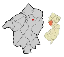 Location of Lebanon in Hunterdon County highlighted in red (left). Inset map: Location of Hunterdon County in New Jersey highlighted in orange (right).