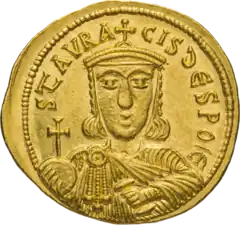  An image of a golden coin bearing the front-facing image of Staurakios, who is adorned with imperial regalia