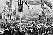 Inauguration of the Monument to the Dynasty in Laeken Park, 21 July 1880, etching by Armand Heins from L'Illustration nationale