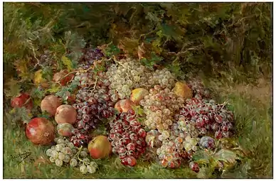 Grapes and landscape painting.Fruits by Julia Alcayde y Montoya; 1926, 72 × 106 cm, Prado Museum.
