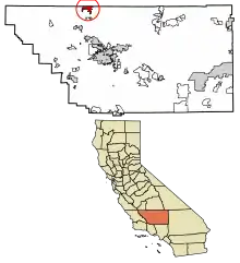 Location of Delano in Kern County, California.