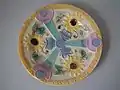 Lear Dessert plate, coloured glazes majolica, c.1880, sunflowers pattern.