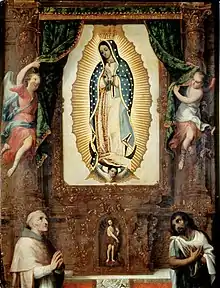 The altar image of Our Lady of Guadalupe with St. John the Baptist, Juan de Zumárraga and St. Juan Diego. Miguel Cabrera.