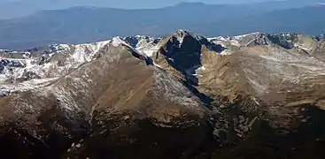 Longs Peak (center) and Mount Meeker (13, 911 ft. ASL, left foreground), October 2010.