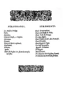 A decorated page showing two lists, respectively headed "Personaggi" (a list of characters) and "Stromenti"