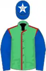 Emerald green, red seams, royal blue sleeves, royal blue cap, white star