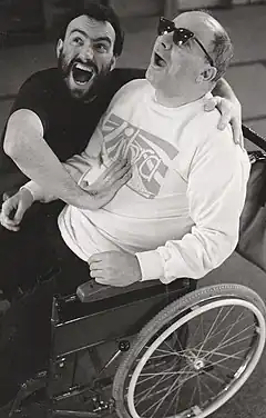 Paul Newham working with a member of Libra Theatre&nbsp;– a troupe comprising people with disabilities.