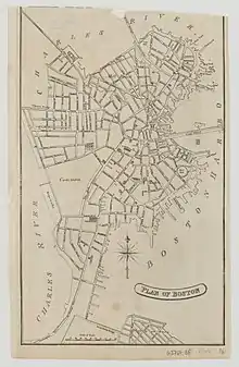 1813 map of Boston by Edward Cotton. The image is black and white, and shows the peninsula of Boston and its irregular streets, with the Charles River to the north and west, and Boston Harbor to the east.