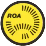 Stylized map of Australia consisting of black railway sleepers, with "ROA" in upper case black lettering, all in a black circle and with a yellow background within the circle