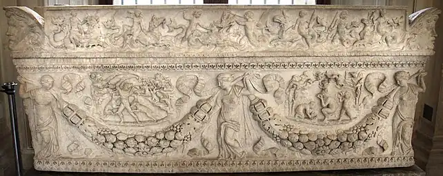Highly decorated Roman sarcophagus with festoons, c.130-125 BC, marble, Louvre