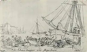 1800 etching, "The steps on Skeppsbro", Stockholm, supposedly depicting Carl Michael Bellman's fictional muse, Ulla Winblad