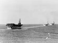 USS Wright, HMS Illustrious (R87) and HMS&nbsp;Eagle&nbsp;(R05) underway in the North Sea in September 1952