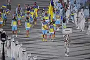 Ukrainian team with the flag during the Parade of Nations at the 2020 Summer Games in Tokyo